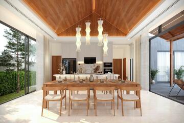 Modern dining room with wooden ceiling and large windows