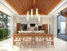 Modern dining room with wooden ceiling and large windows