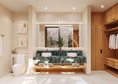 Modern bathroom with double vanity and wooden cabinets