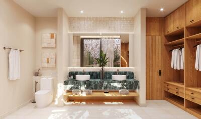 Modern bathroom with double vanity and wooden cabinets