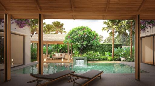 Luxurious outdoor area with pool, lounge chairs, and garden