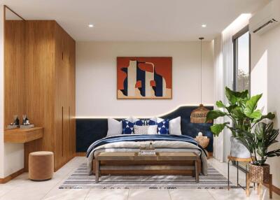 Modern bedroom with wooden furniture and vibrant artwork