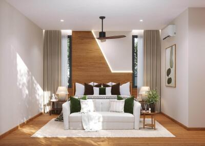 Modern bedroom with sofa, bed, and decorative elements