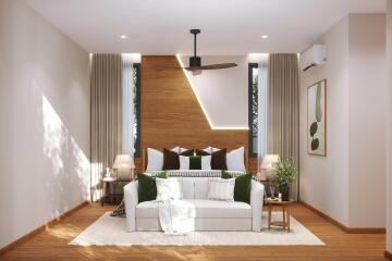 Modern bedroom with sofa, bed, and decorative elements