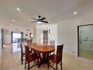 Spacious dining area with wooden furniture