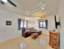 Spacious living room with modern ceiling design