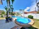 Outdoor swimming pool with seating area