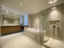 Modern bathroom with large mirror, bathtub, and glass-enclosed shower