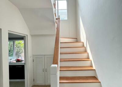 Bright staircase with wooden steps and white walls