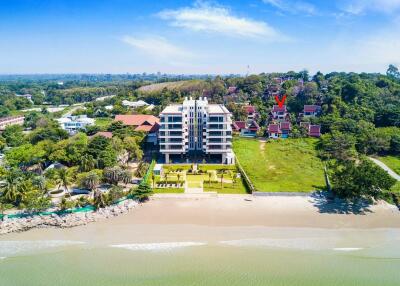 Aerial view of beachfront property with surrounding greenery