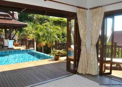 Private patio with pool and lush garden view