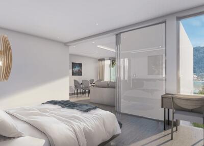 Modern bedroom with attached living area and a view