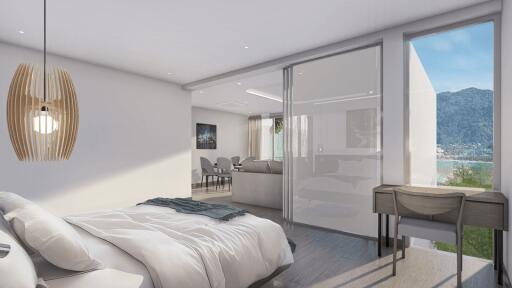 Modern bedroom with attached living area and a view