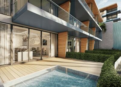 Modern apartment building exterior with glass balconies and private pool