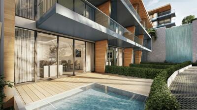 Modern apartment building exterior with glass balconies and private pool