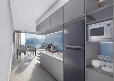 Modern kitchen with dining area and mountain view