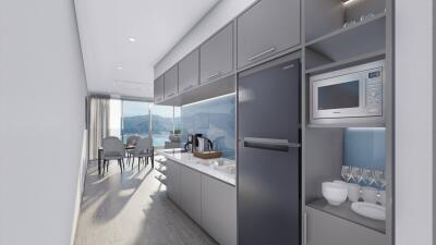 Modern kitchen with dining area and mountain view