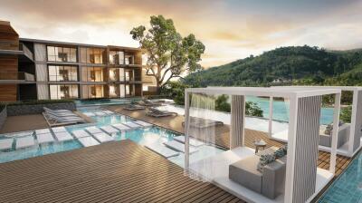 Outdoor area with pool and lounge seating