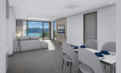 Modern living room with dining area and ocean view