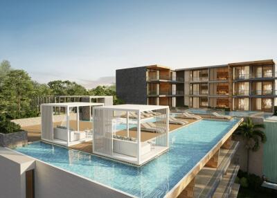 Modern apartment complex with rooftop pools and lounging areas