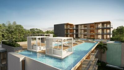 Modern apartment complex with rooftop pools and lounging areas