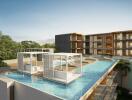 Modern apartment complex with rooftop pools and lounging areas