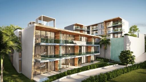 Modern multi-story residential building with glass balconies