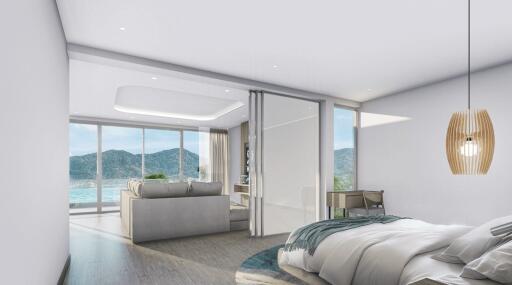 Modern bedroom with an ocean view