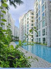 Modern apartment buildings with a swimming pool