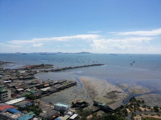 Aerial view of coastal area with residential buildings and sea