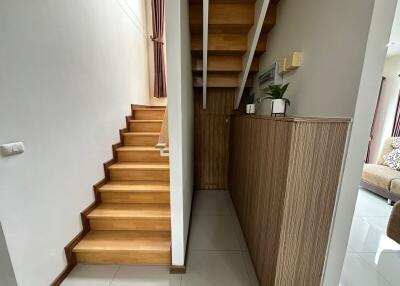 Well-lit wooden staircase with storage and decorative plants