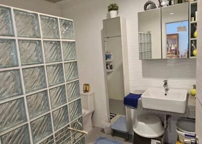 Bathroom with glass block shower enclosure and floating sink