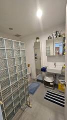 Bathroom with glass block shower enclosure and floating sink