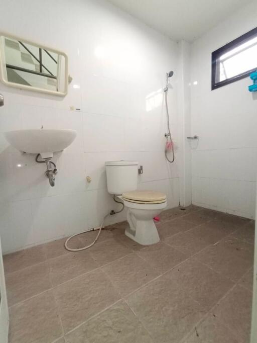 Bathroom with basic fixtures including a toilet, sink, and handheld shower