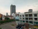 Street view with residential and commercial buildings