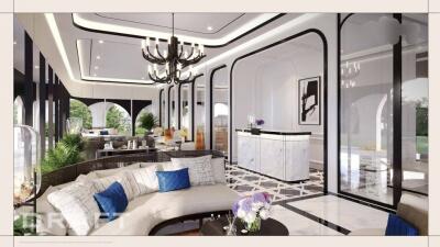 Luxurious modern living room with elegant chandeliers, large windows, and stylish decor