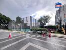 Outdoor recreational area with tennis court