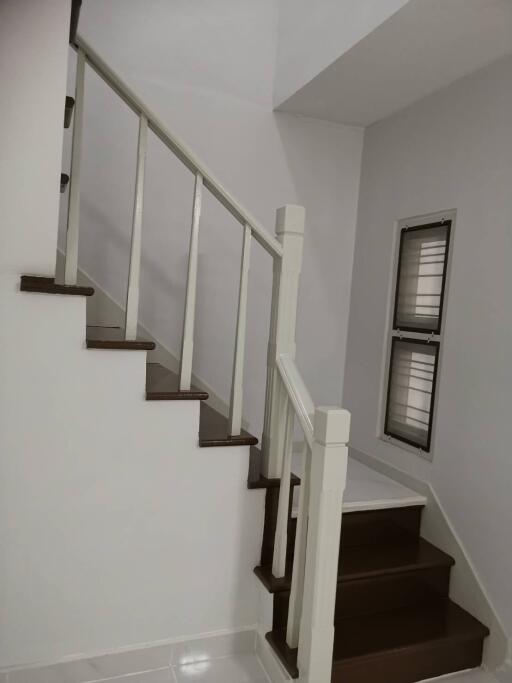 Staircase with wooden steps and white railing