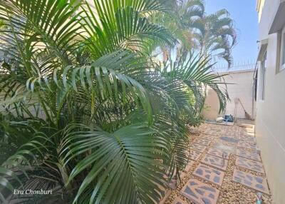 outdoor area with tiled path, lush greenery, and clear blue sky