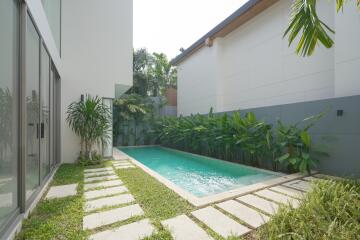 Modern outdoor area with a swimming pool and greenery