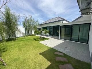 Outdoor view of modern house with garden