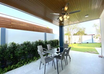 Outdoor patio with dining table