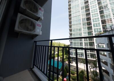 High-rise balcony with a city view