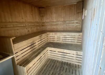 Wooden sauna with benches