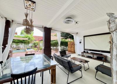 covered outdoor living area with seating and dining space