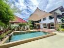 Outdoor area with swimming pool and shaded patio