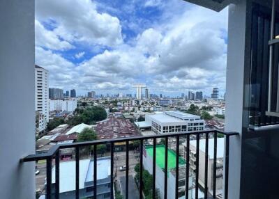 View of the city skyline from a balcony