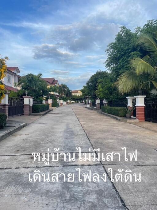 Residential neighborhood street with houses, trees, and a clear sky