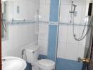 A modern bathroom with white and blue tiles, equipped with a toilet, sink, and shower