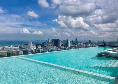 Rooftop pool with city skyline view